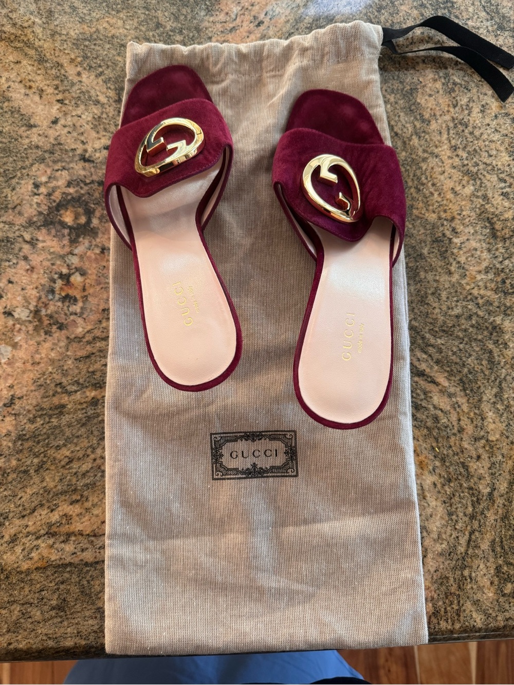 Gucci Women's Burgundy Suede Slide Mules with Gold Double G Hardware